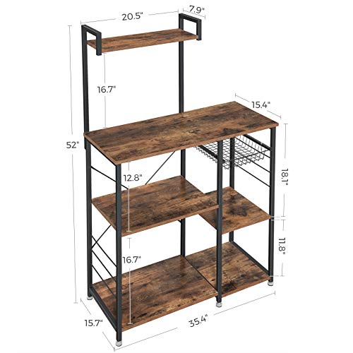 Baker’s Rack with Shelves, Kitchen Shelf with Wire Basket, 6 S-Hooks, Microwave Oven Stand, Utility Storage for Spices, Pots, and Pans