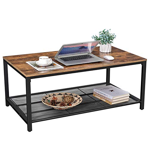 Industrial Style Coffee Table, Living Room Table with Dense Mesh Shelf, Large Storage Space