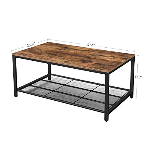 Industrial Style Coffee Table, Living Room Table with Dense Mesh Shelf, Large Storage Space