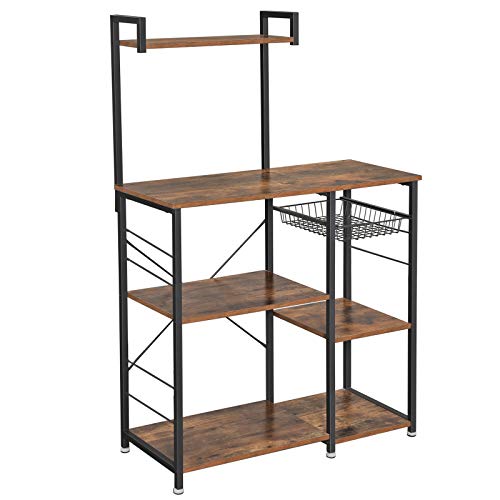 Baker’s Rack with Shelves, Kitchen Shelf with Wire Basket, 6 S-Hooks, Microwave Oven Stand, Utility Storage for Spices, Pots, and Pans