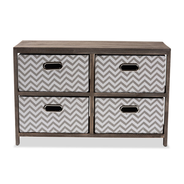 Modern and Contemporary Grey and White Fabric Upholstered Gray-Washed Wood 4-Basket Storage Unit