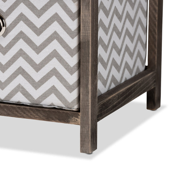 Modern and Contemporary Grey and White Fabric Upholstered Gray-Washed Wood 4-Basket Storage Unit