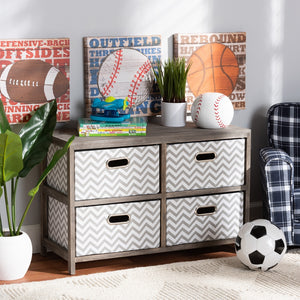 Modern and Contemporary Grey and White Fabric Upholstered Gray-Washed Wood 4-Basket Storage Unit