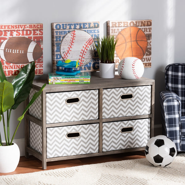 Modern and Contemporary Grey and White Fabric Upholstered Gray-Washed Wood 4-Basket Storage Unit