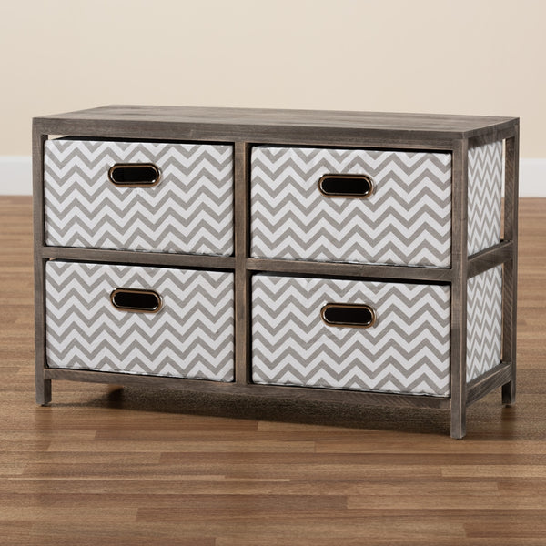 Modern and Contemporary Grey and White Fabric Upholstered Gray-Washed Wood 4-Basket Storage Unit