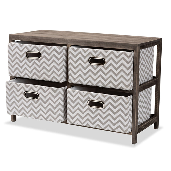 Modern and Contemporary Grey and White Fabric Upholstered Gray-Washed Wood 4-Basket Storage Unit