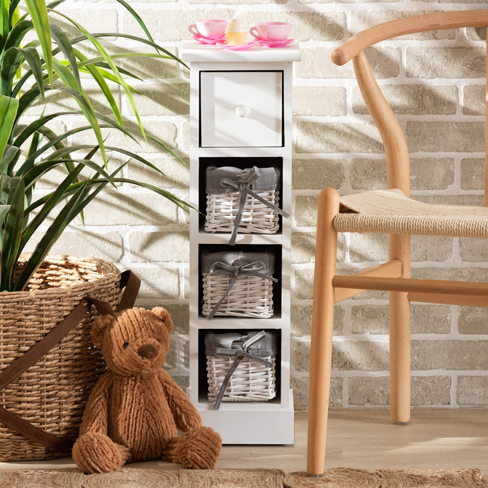 4 Tier 1 Drawer Storage Unit Grey Fabric and White Finished Wood with Baskets