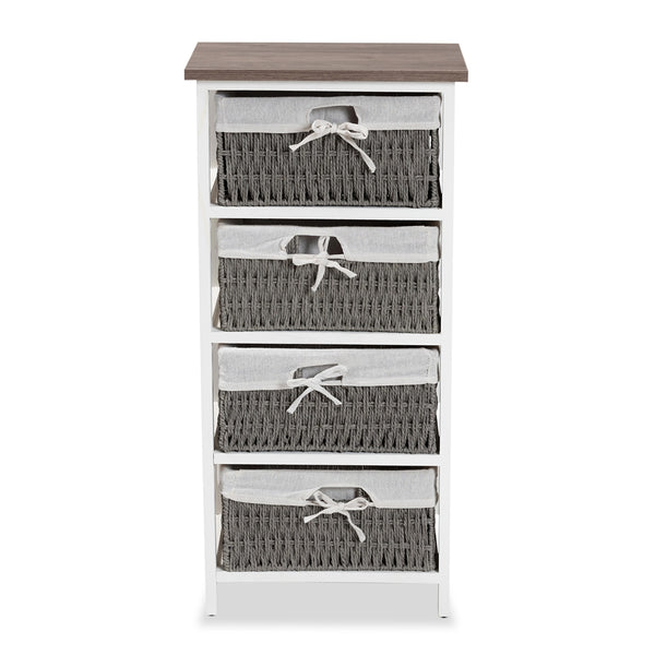 Modern Transitional Two-Tone Walnut Brown and White Finished Wood 4-Basket Storage Unit