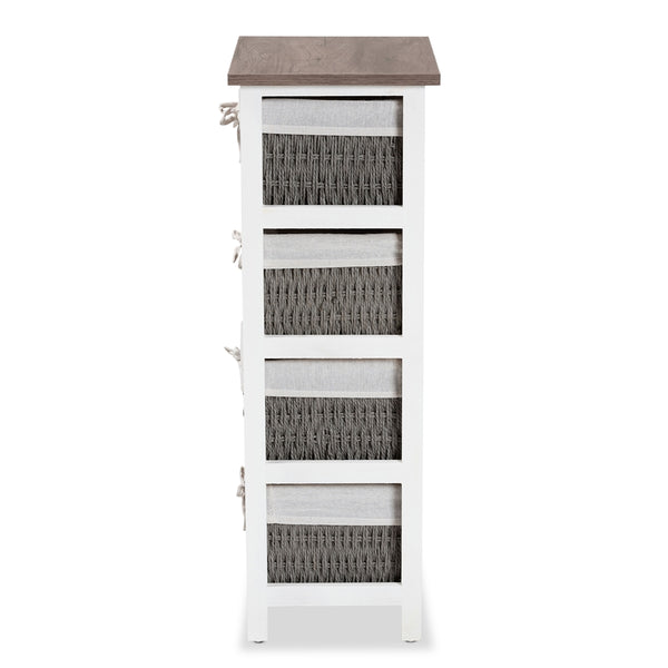 Modern Transitional Two-Tone Walnut Brown and White Finished Wood 4-Basket Storage Unit