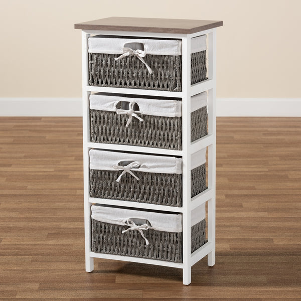 Modern Transitional Two-Tone Walnut Brown and White Finished Wood 4-Basket Storage Unit