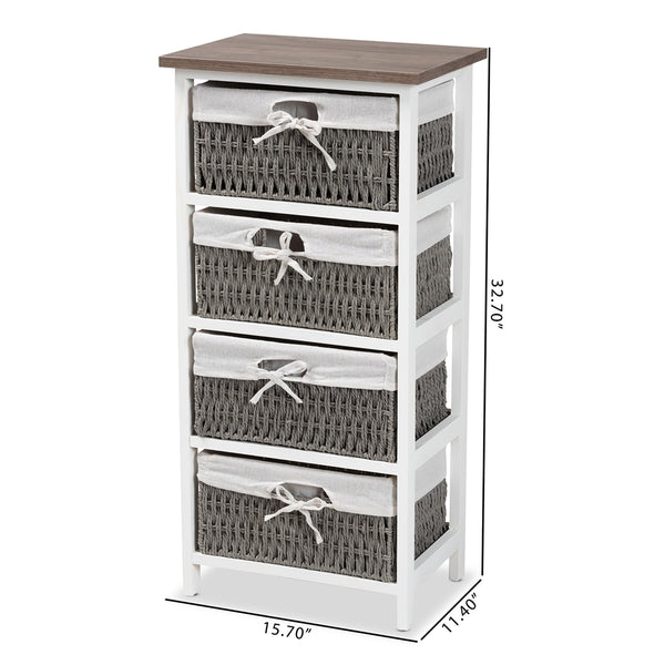 Modern Transitional Two-Tone Walnut Brown and White Finished Wood 4-Basket Storage Unit