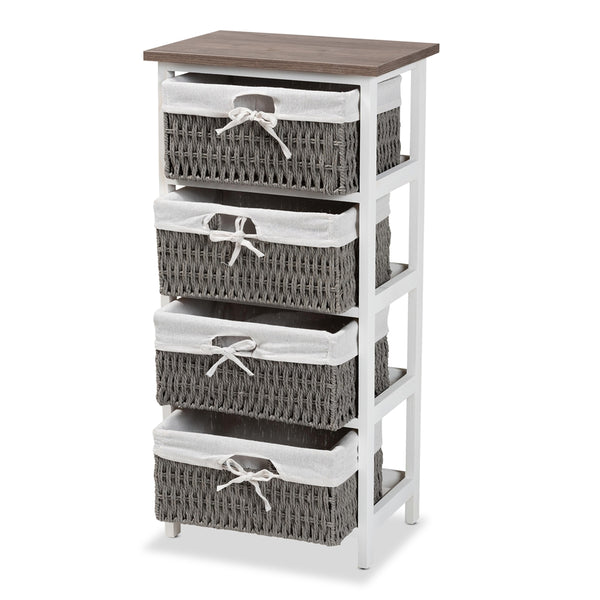 Modern Transitional Two-Tone Walnut Brown and White Finished Wood 4-Basket Storage Unit