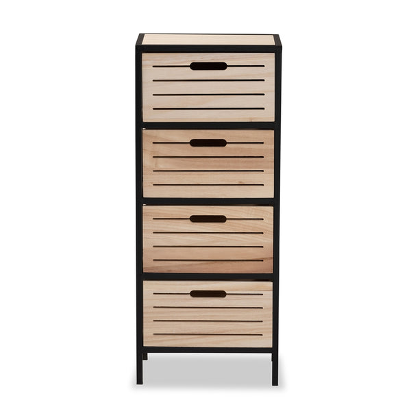 Modern Industrial Oak Brown Finished Wood and Black Metal 4-Drawer Storage Cabinet