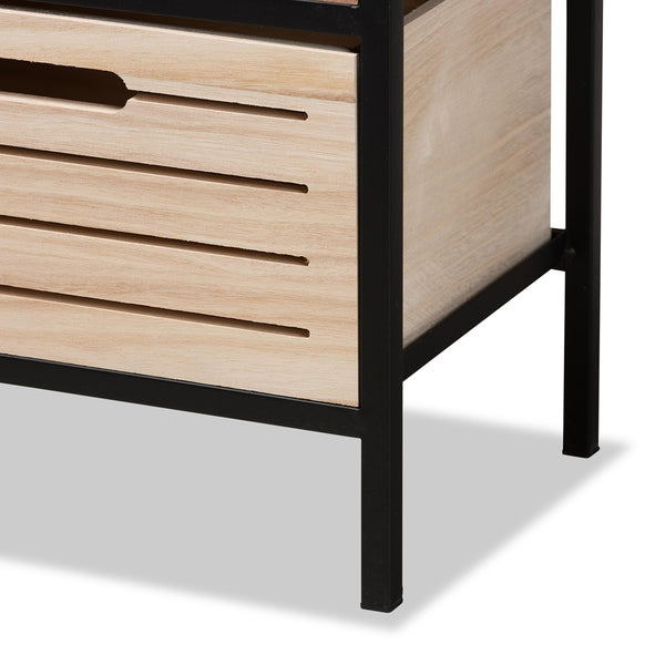 Modern Industrial Oak Brown Finished Wood and Black Metal 4-Drawer Storage Cabinet