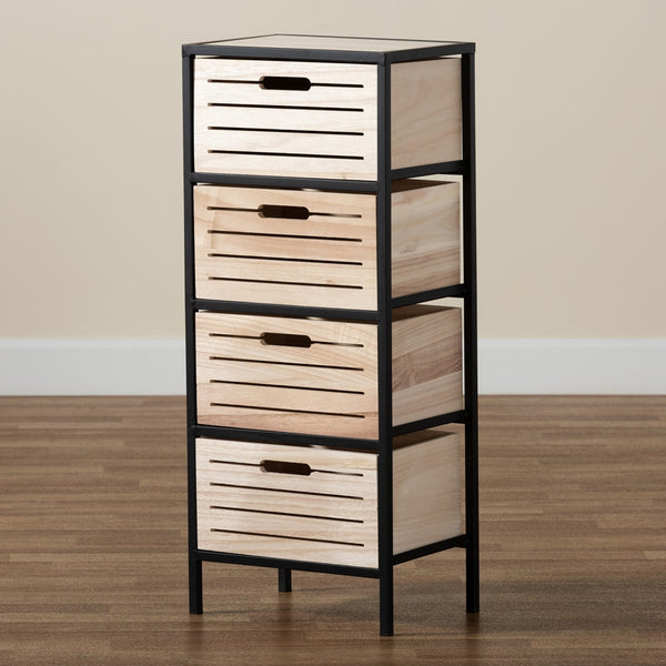 Modern Industrial Oak Brown Finished Wood and Black Metal 4-Drawer Storage Cabinet