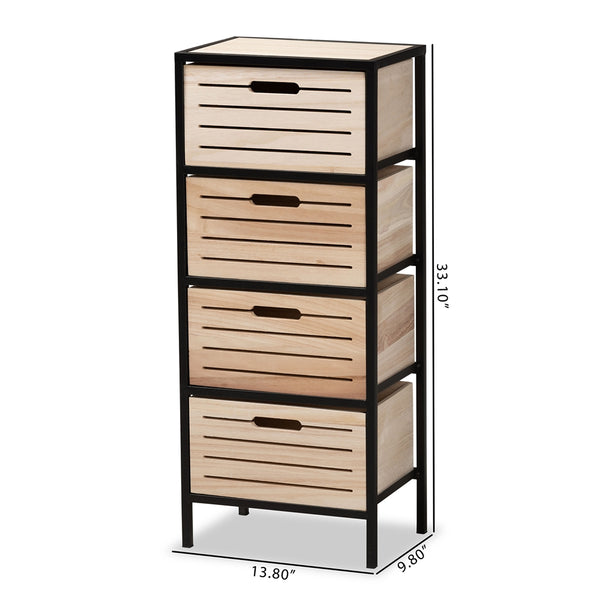 Modern Industrial Oak Brown Finished Wood and Black Metal 4-Drawer Storage Cabinet