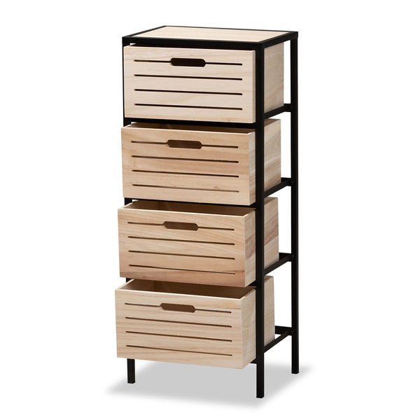 Modern Industrial Oak Brown Finished Wood and Black Metal 4-Drawer Storage Cabinet