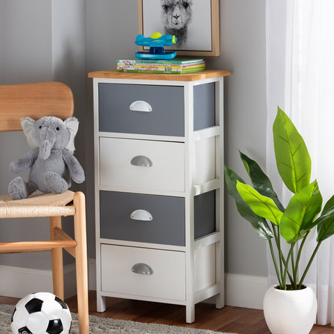 Modern and Contemporary Oak Brown and Multi-Colored Wood 4-Drawer Storage Unit