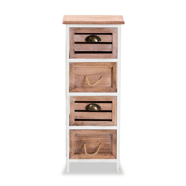 Modern and Contemporary Two-Tone White and Oak Brown Finished Wood 4-Drawer Storage Unit