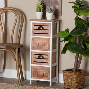 Modern and Contemporary Two-Tone White and Oak Brown Finished Wood 4-Drawer Storage Unit