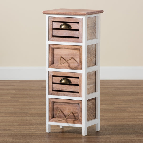 Modern and Contemporary Two-Tone White and Oak Brown Finished Wood 4-Drawer Storage Unit