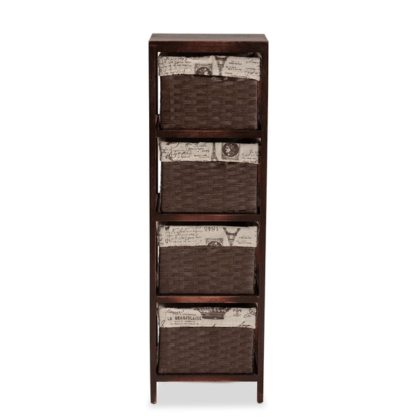 Modern French Inspired Walnut Brown Finished Wood 4-Basket Storage Unit