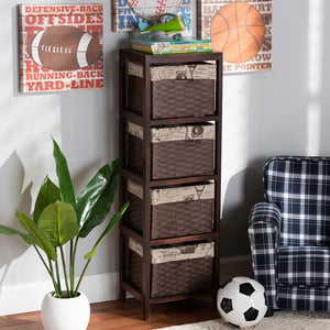 Modern French Inspired Walnut Brown Finished Wood 4-Basket Storage Unit