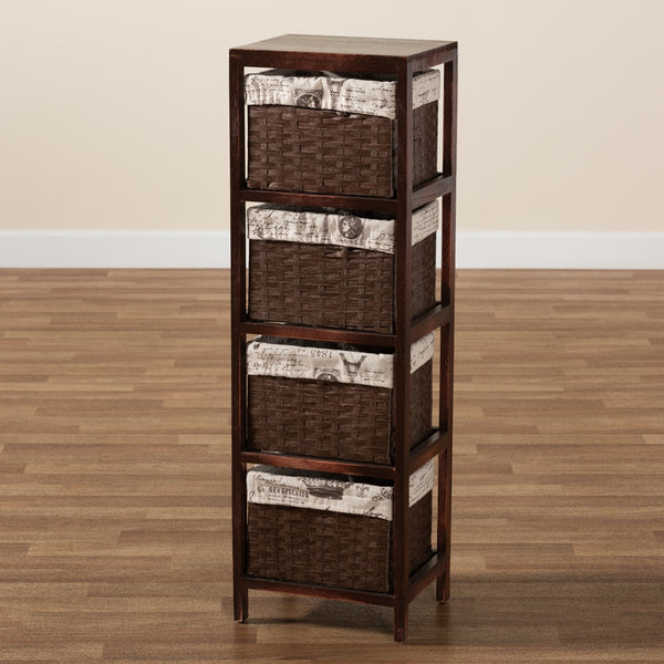 Modern French Inspired Walnut Brown Finished Wood 4-Basket Storage Unit