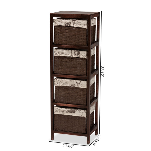 Modern French Inspired Walnut Brown Finished Wood 4-Basket Storage Unit