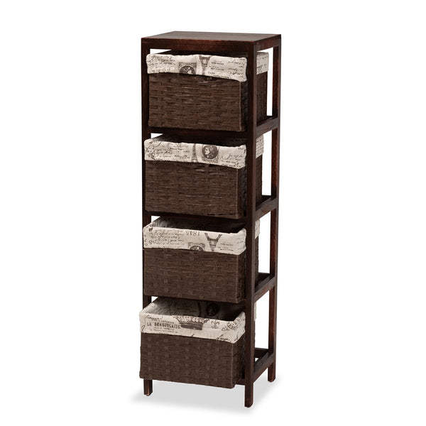 Modern French Inspired Walnut Brown Finished Wood 4-Basket Storage Unit