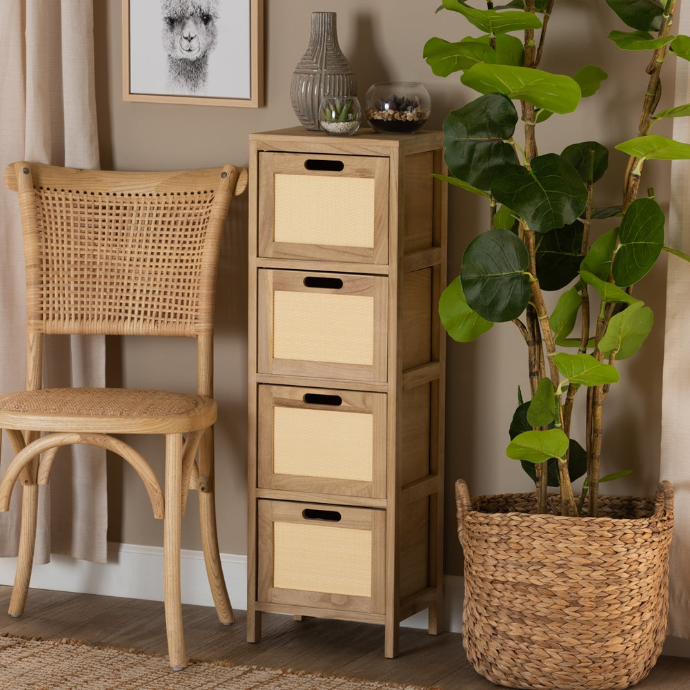 Mid-Century Modern Natural Brown Finished Wood and Rattan 4-Drawer Storage Unit