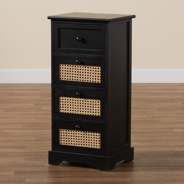 Mid-Century Modern Transitional Espresso Brown Finished Wood and Rattan 4-Drawer Storage Cabinet