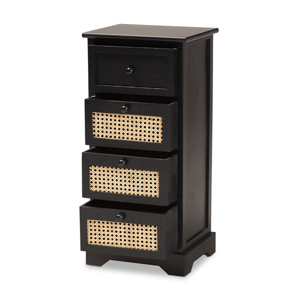 Mid-Century Modern Transitional Espresso Brown Finished Wood and Rattan 4-Drawer Storage Cabinet