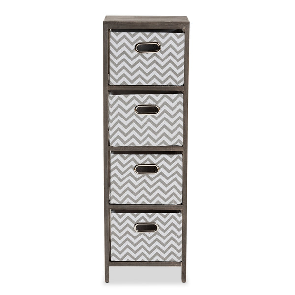 Modern and Contemporary Grey and White Fabric Upholstered Grey-Washed Wood 4-Basket Tallboy Storage Unit