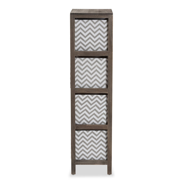 Modern and Contemporary Grey and White Fabric Upholstered Grey-Washed Wood 4-Basket Tallboy Storage Unit