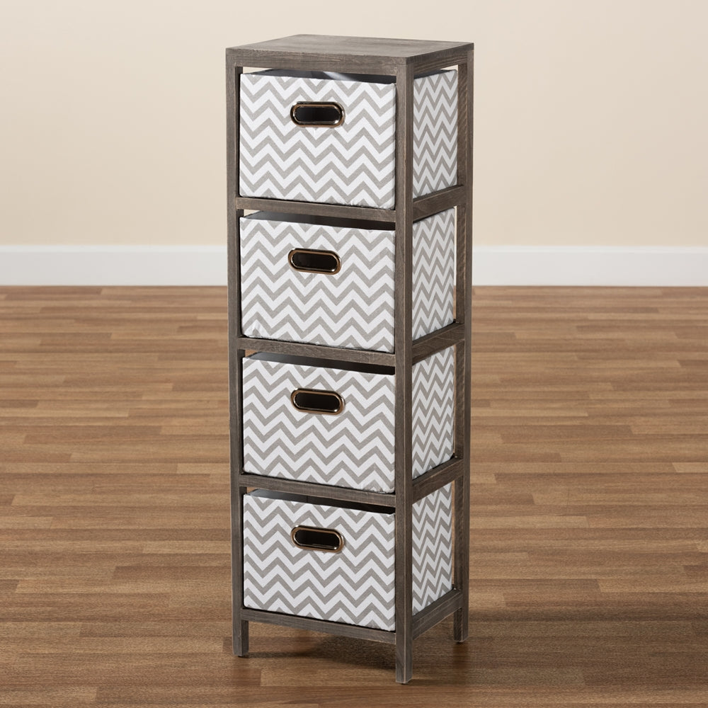 Modern and Contemporary Grey and White Fabric Upholstered Grey-Washed Wood 4-Basket Tallboy Storage Unit