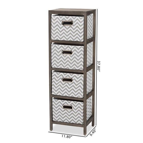 Modern and Contemporary Grey and White Fabric Upholstered Grey-Washed Wood 4-Basket Tallboy Storage Unit