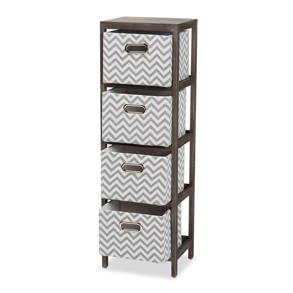 Modern and Contemporary Grey and White Fabric Upholstered Grey-Washed Wood 4-Basket Tallboy Storage Unit