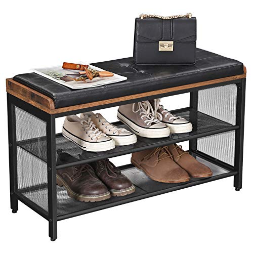 Shoe Bench, Padded Storage Bench with Mesh Shelf, Shoe Rack, Metal Frame