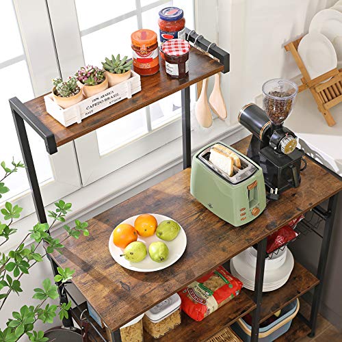 Baker’s Rack with Shelves, Kitchen Shelf with Wire Basket, 6 S-Hooks, Microwave Oven Stand, Utility Storage for Spices, Pots, and Pans