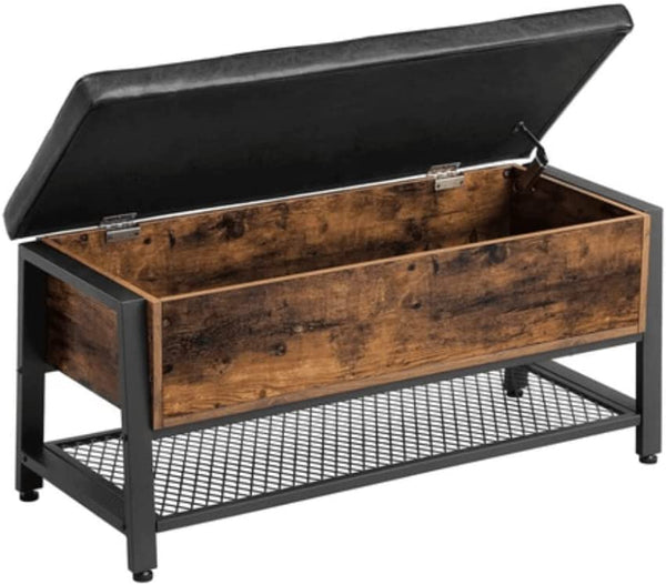 Industrial Storage Bench, Bed End Stool with Padded Seat and Metal Shelf, Sturdy Steel Frame