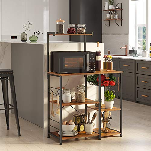 Baker’s Rack with Shelves, Kitchen Shelf with Wire Basket, 6 S-Hooks, Microwave Oven Stand, Utility Storage for Spices, Pots, and Pans