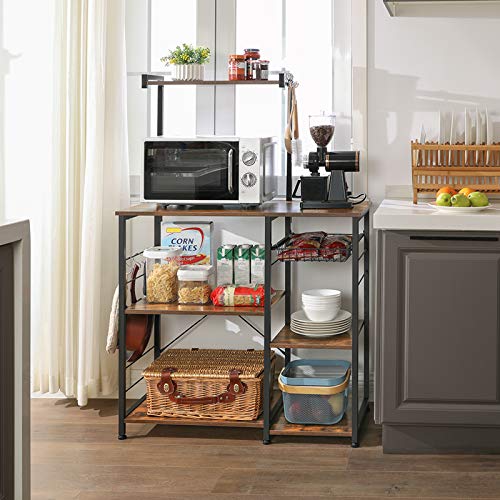 Baker’s Rack with Shelves, Kitchen Shelf with Wire Basket, 6 S-Hooks, Microwave Oven Stand, Utility Storage for Spices, Pots, and Pans