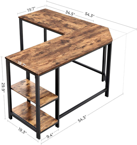 54-Inch Industrial L-Shaped Computer Desk, Corner Desk, Office Study Workstation with Shelves