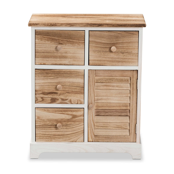 Rustic Transitional Two-Tone White and Oak Brown Finished Wood 4-Drawer Storage Unit