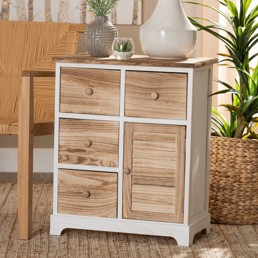 Rustic Transitional Two-Tone White and Oak Brown Finished Wood 4-Drawer Storage Unit