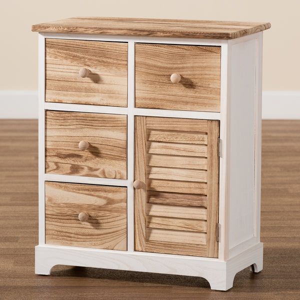 Rustic Transitional Two-Tone White and Oak Brown Finished Wood 4-Drawer Storage Unit