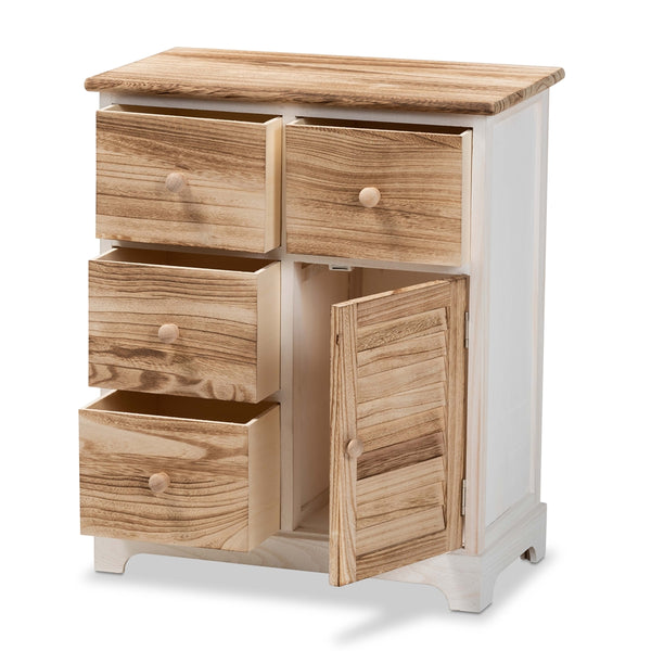 Rustic Transitional Two-Tone White and Oak Brown Finished Wood 4-Drawer Storage Unit