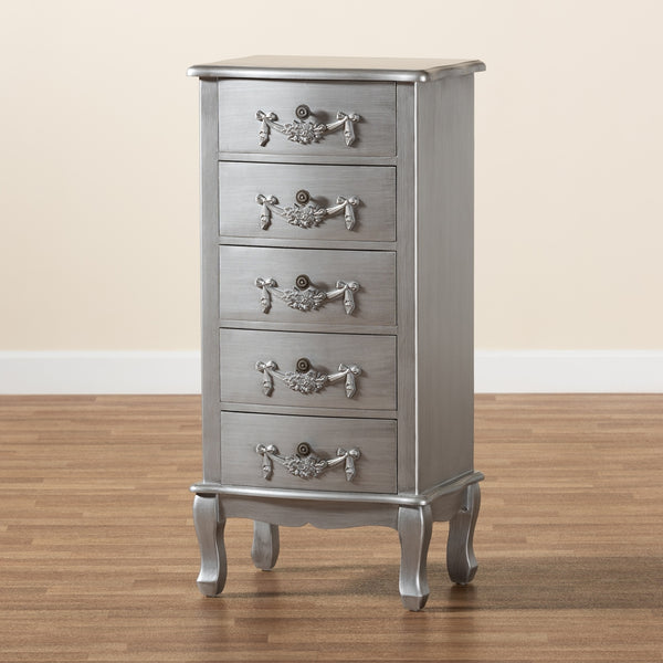 Classic and Traditional Brushed Silver Finished Wood 5-Drawer Chest