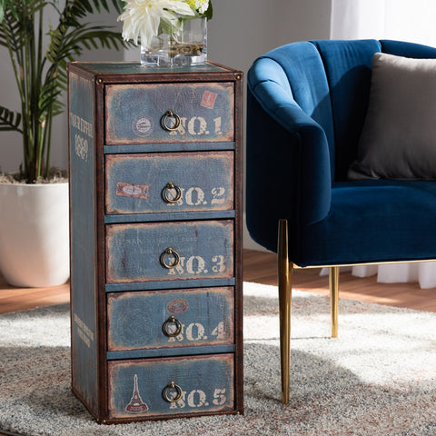 Vintage Rustic French Inspired Blue Finished Wood 5-Drawer Accent Storage Cabinet